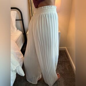 Semi Sheer Off White Pleated Chiffon Wide Leg Flowy Pants